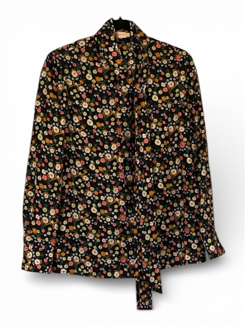 Tory Burch Black Floral Button-Down Tie-Neck Shirt